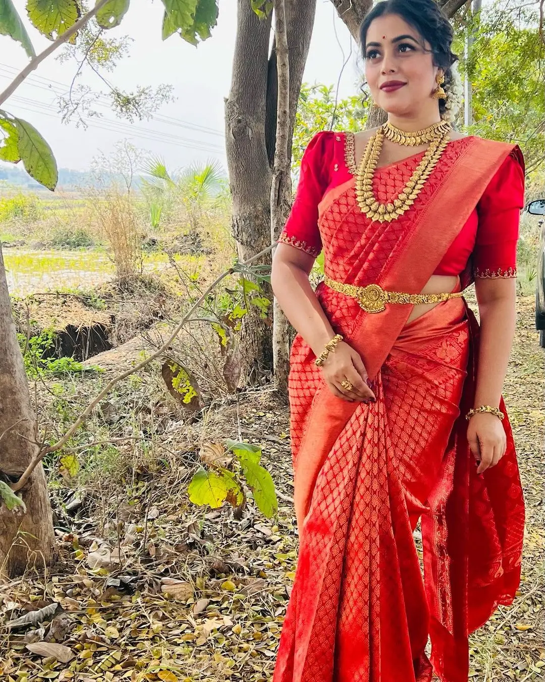 Shamna Kasim Wearing Beautiful Jewellery Orange Saree